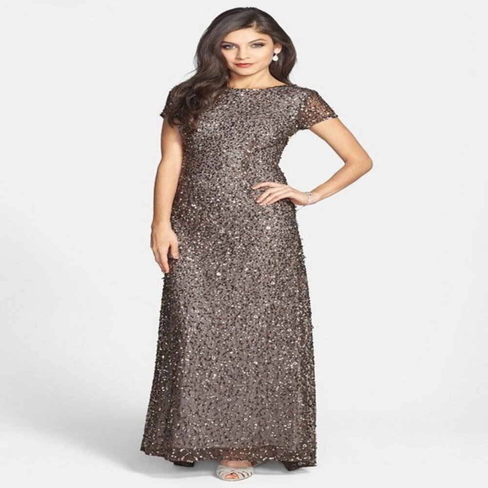 Adrianna Papell Women's Short-Sleeve All Over Sequin Gown Lead 8